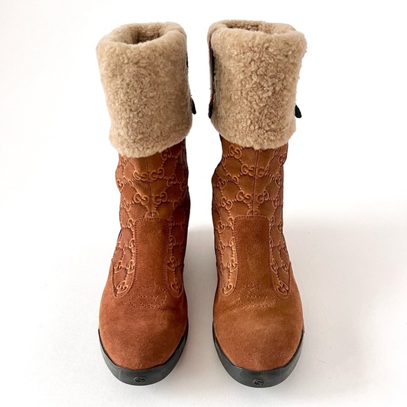 GUCCI | Apres Brown Suede Shearling GG Monogram Web Stripe Ankle Ski Boot EU36.5 - Picture 4 of 15